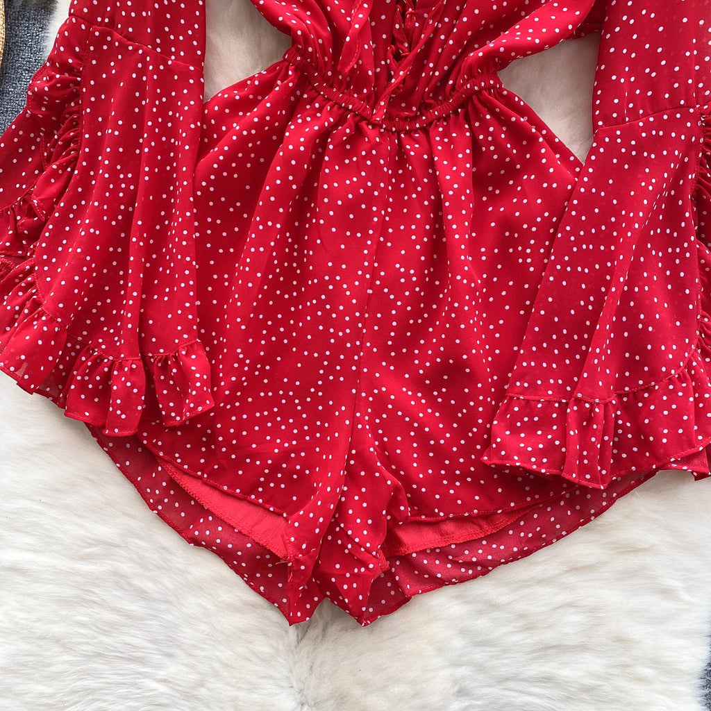 V-neck Lace-up Polka Dot Rompers