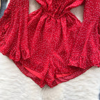 V-neck Lace-up Polka Dot Rompers