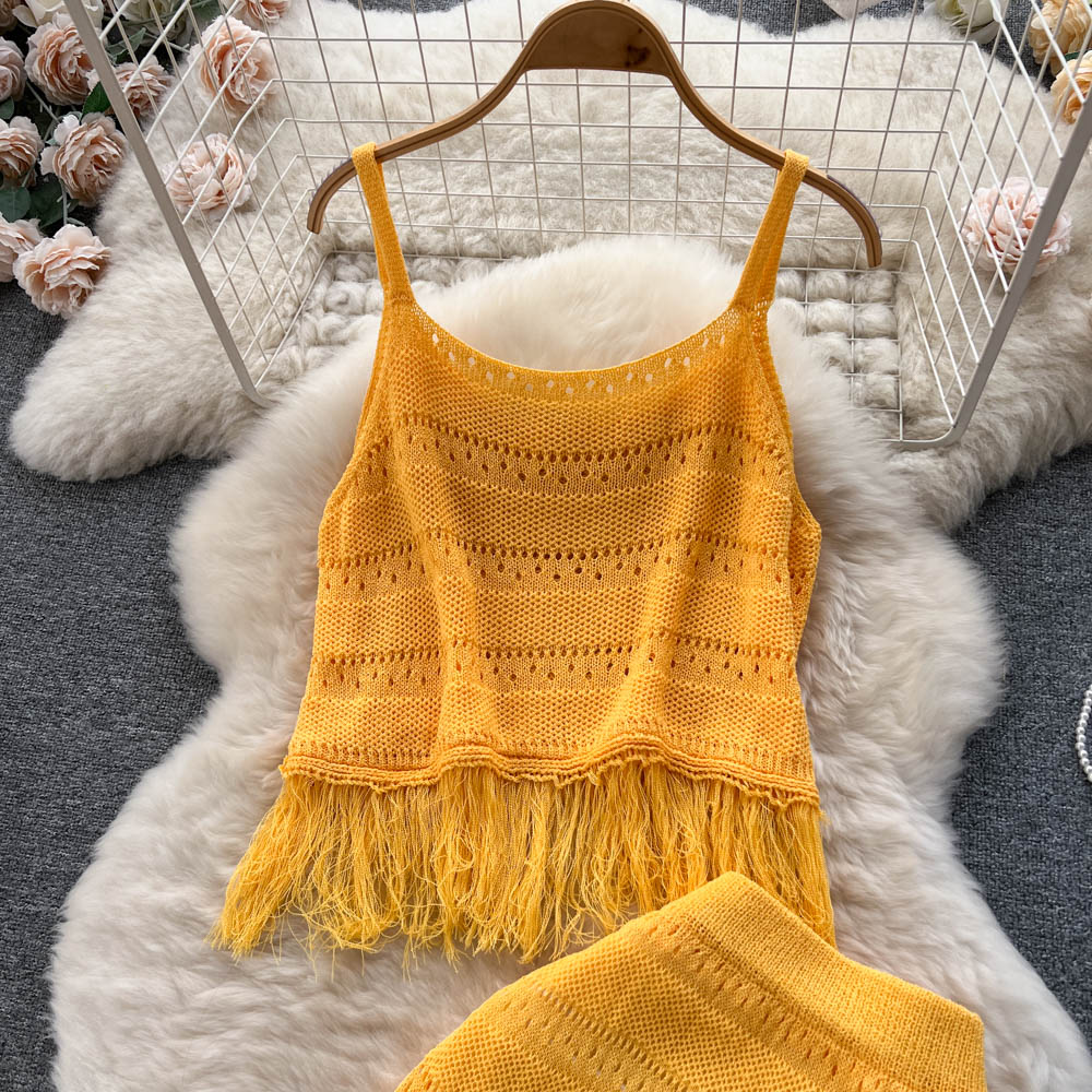 Tassel Camisole&Hip-wrapping Skirt 2Pcs