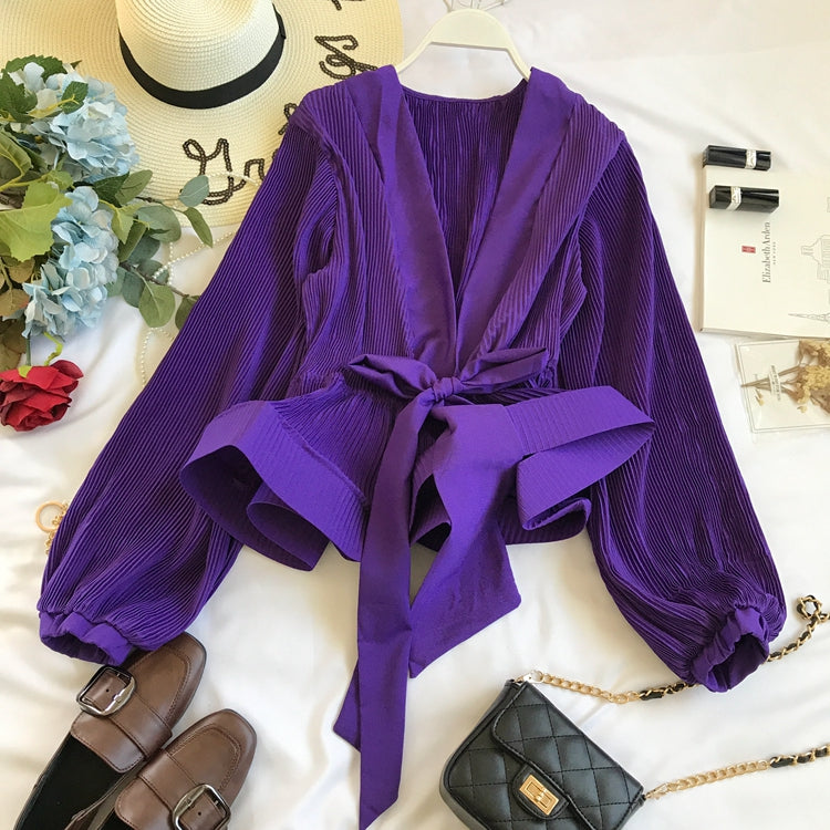 V-neck Pleated Tie Bow Ruffled Chiffon Shirt
