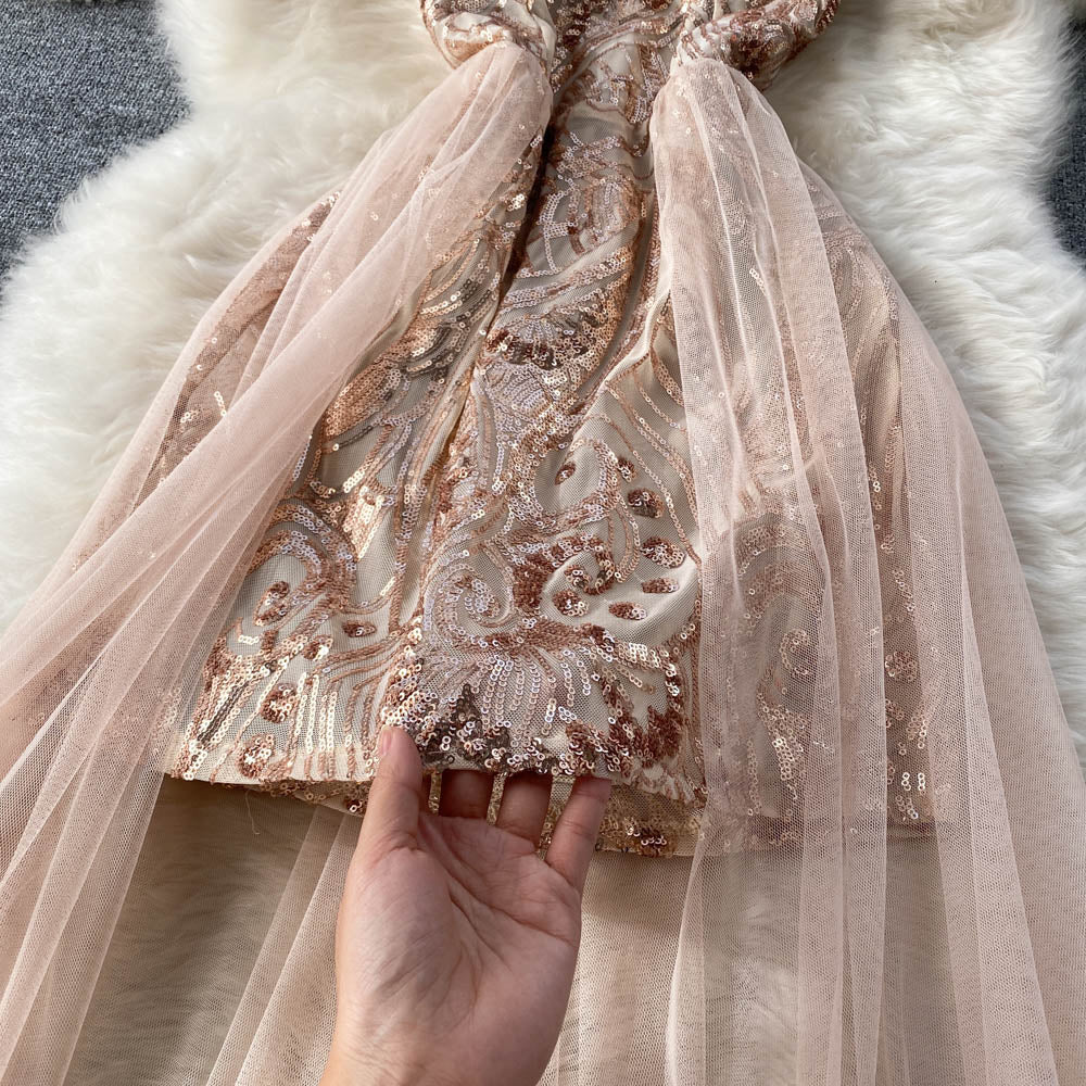 Off-the-shoulder Sequined Mesh Dress