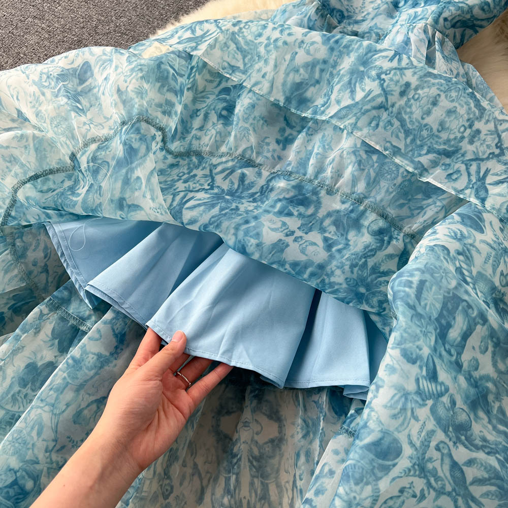 Bubble-sleeve Floral Organza Puffy Dress