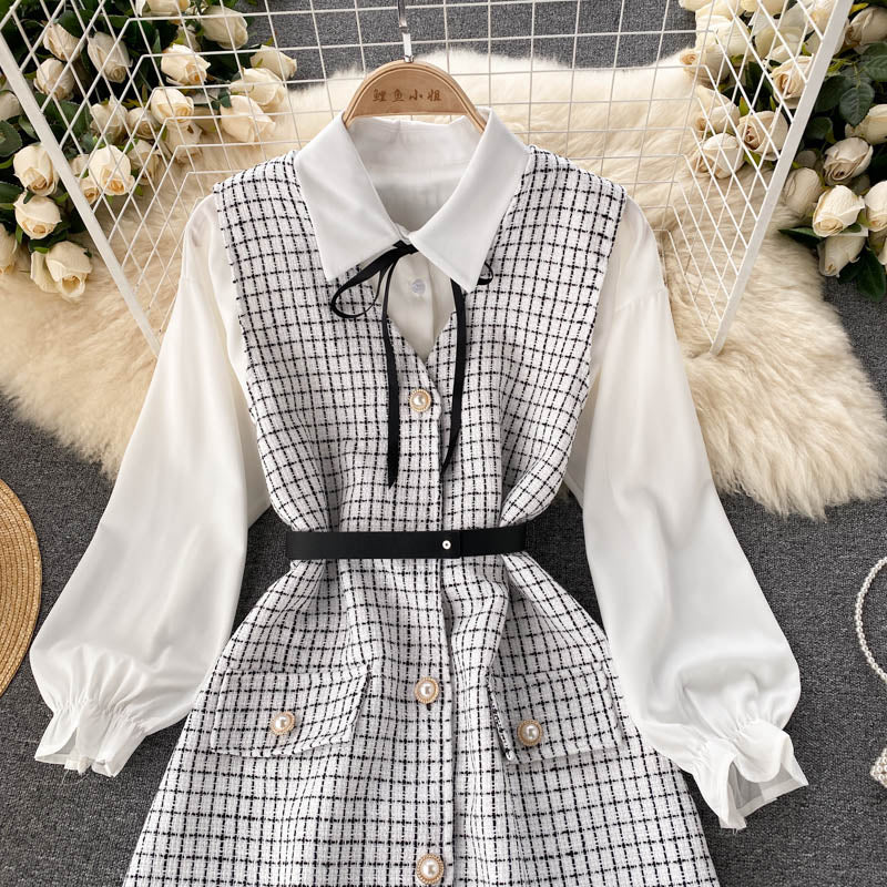 Two-piece Puff Sleeve Shirt Houndstooth Dress