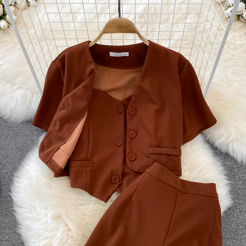 Camisole Short V-Neck Shirt Jacket Long Pants Three Piece