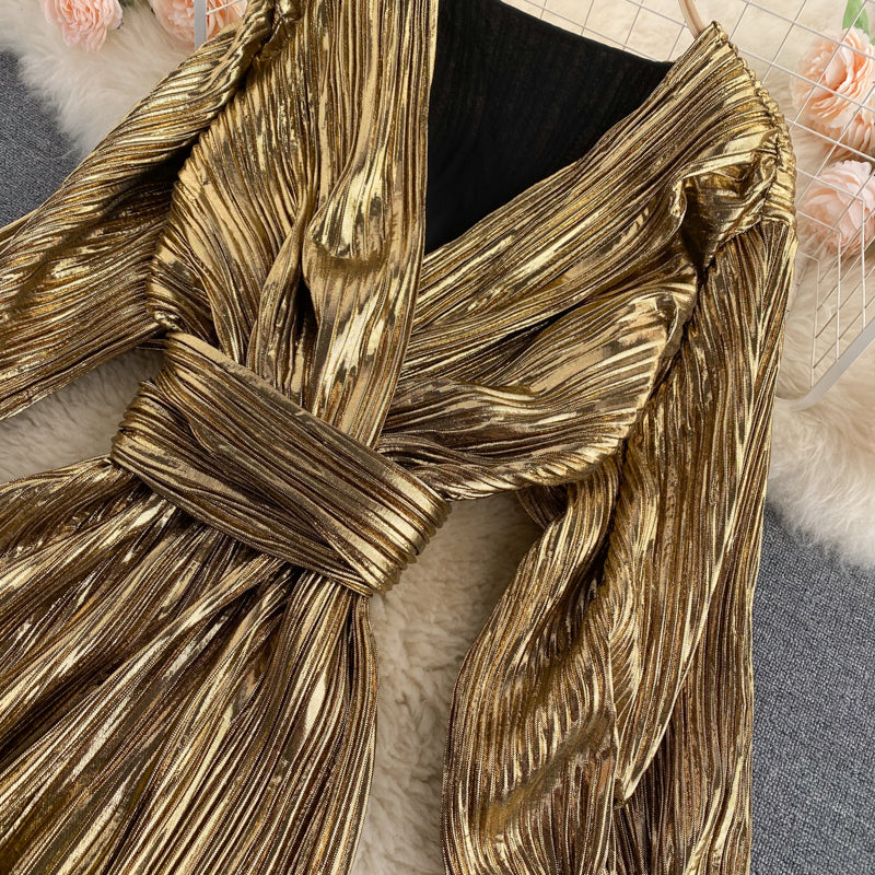 Courtly Lace-up Waist-slimming Gold Dress