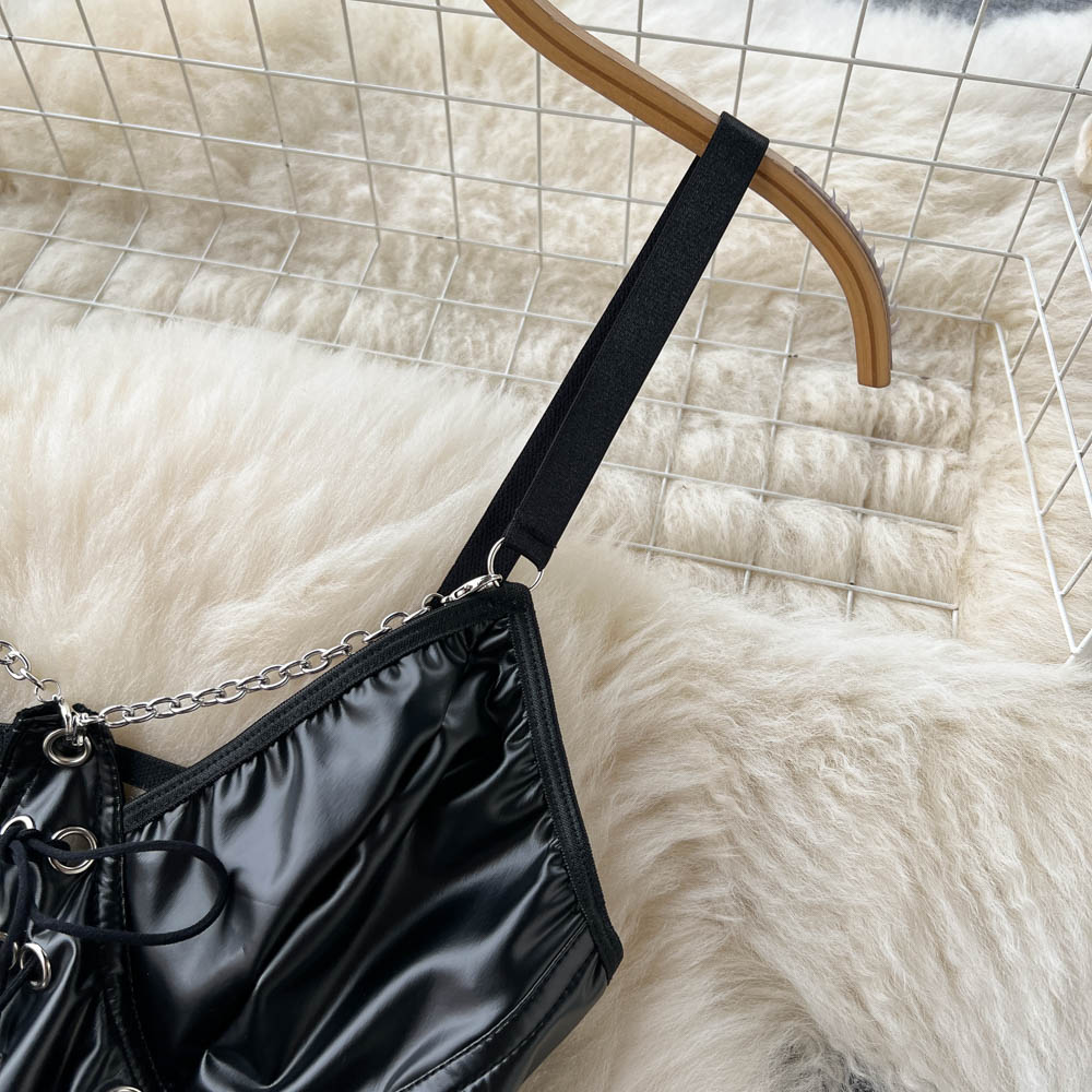 Hollowed PU Leather High-cut Halter Jumpsuit
