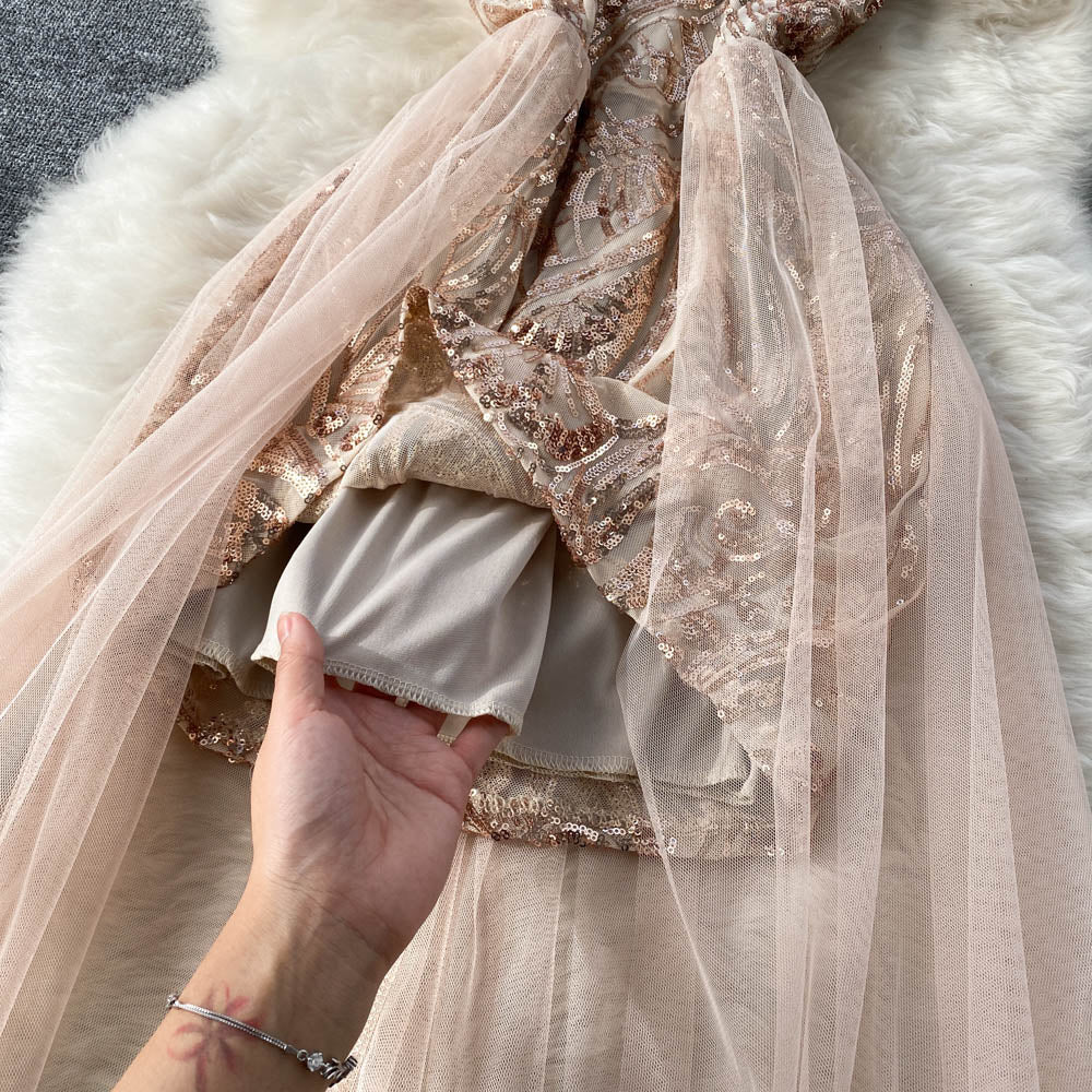 Off-the-shoulder Sequined Mesh Dress