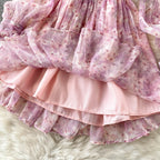 Chiffon Floral V-neck Puff Sleeve Printed Dress