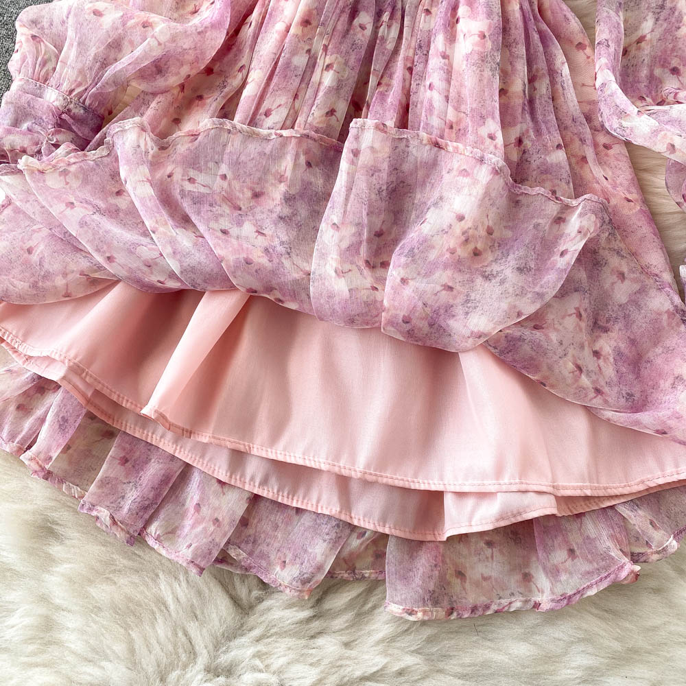 Chiffon Floral V-neck Puff Sleeve Printed Dress