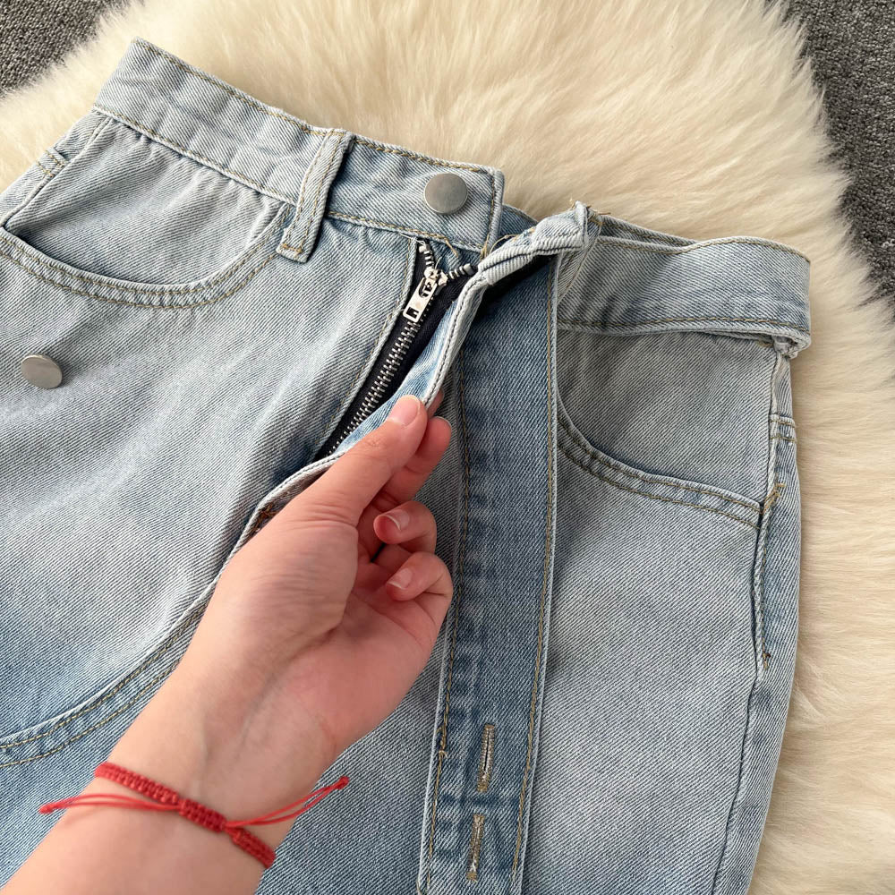 Vintage Irregular Design Fur-hem Denim Skirt