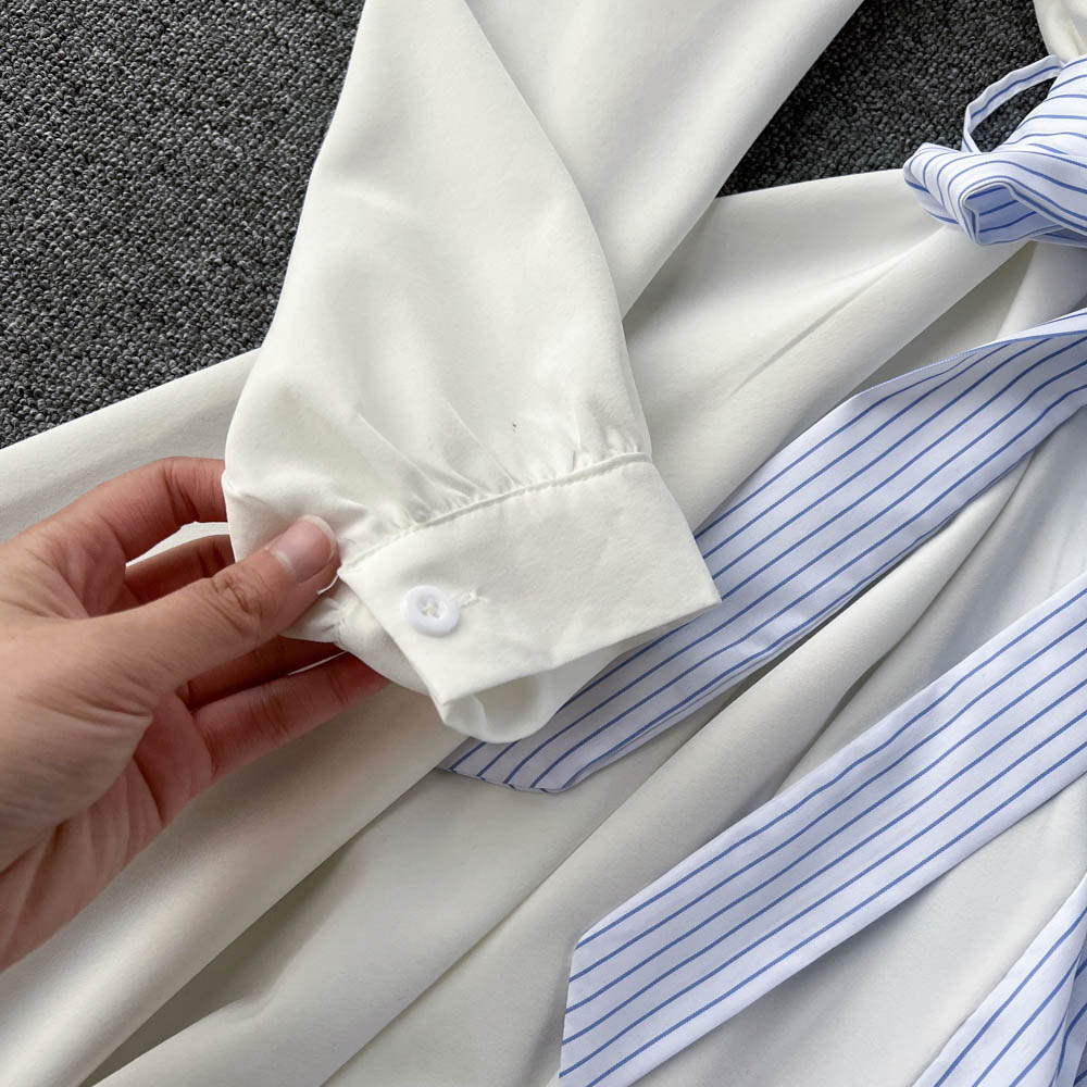 Colorblock Striped Lapel Tie Waist Shirt