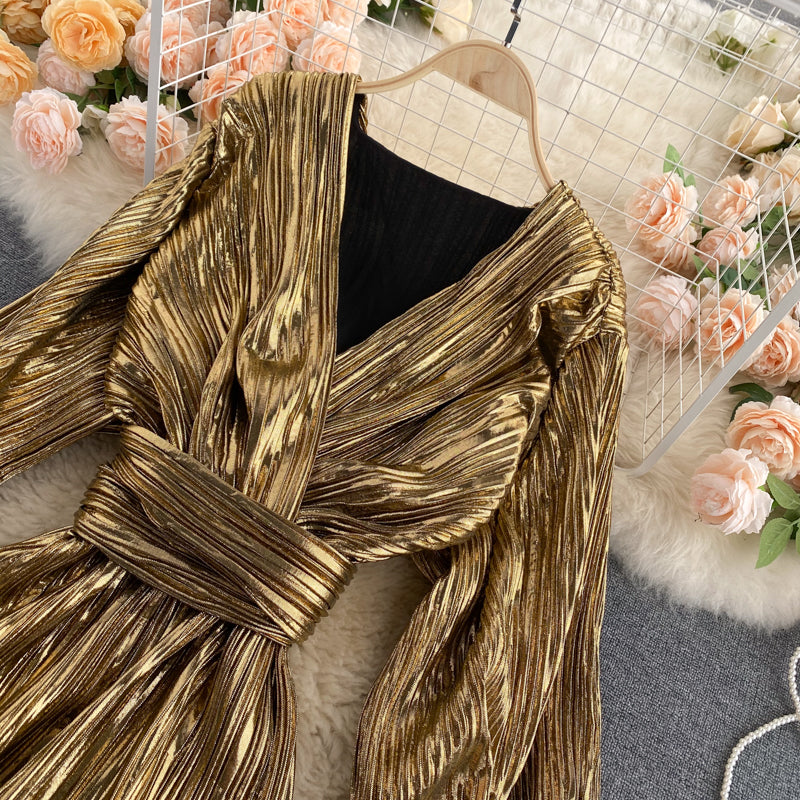 Courtly Lace-up Waist-slimming Gold Dress