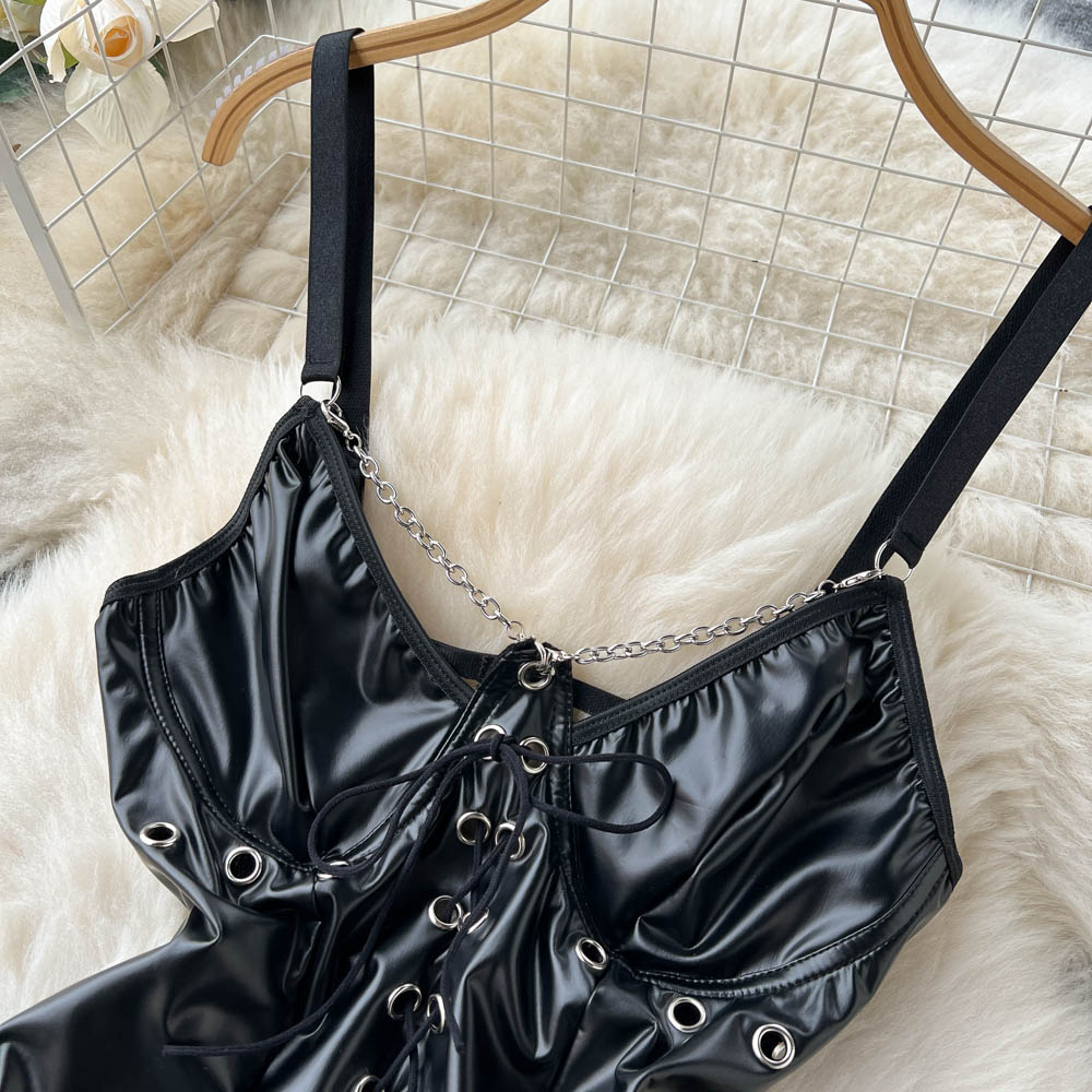 Hollowed PU Leather High-cut Halter Jumpsuit