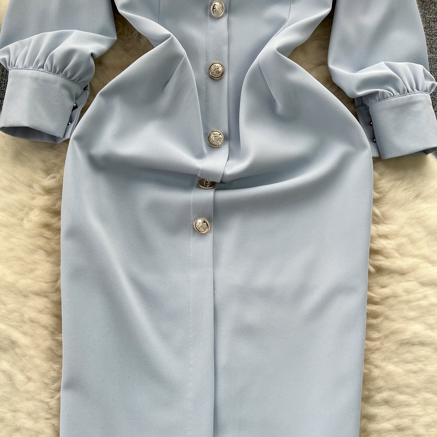 Off-shoulder Single-breasted Blue Dress
