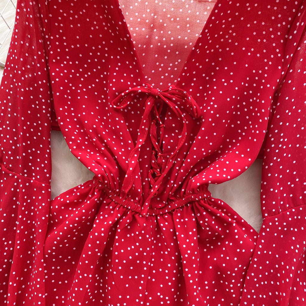 V-neck Lace-up Polka Dot Rompers