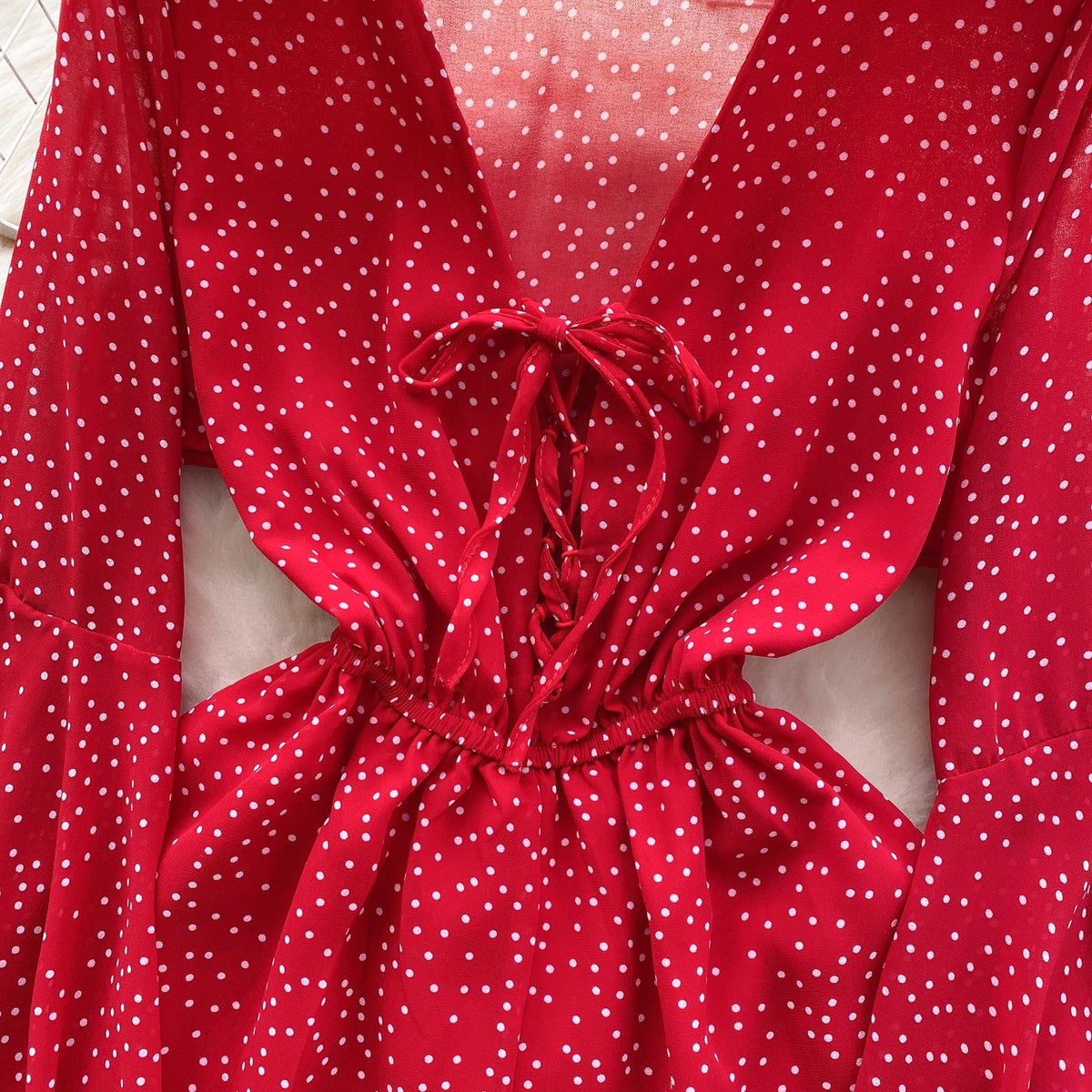 V-neck Lace-up Polka Dot Rompers