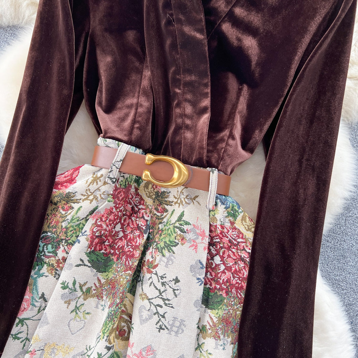 Courtly Gold Velvet Jacquard Floral Dress