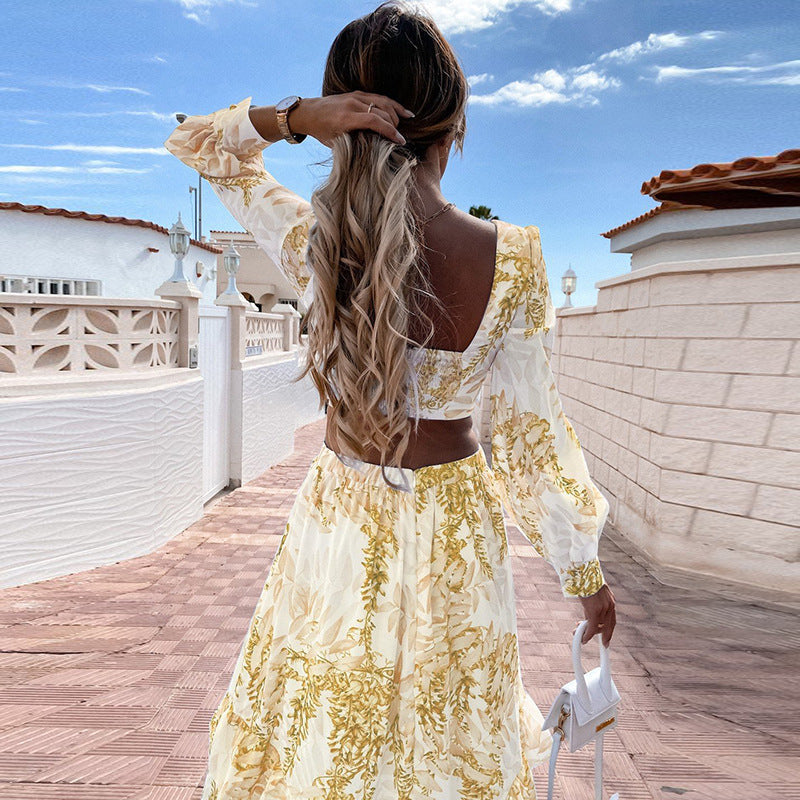 V-neck Hollowed Floral Beach Dress