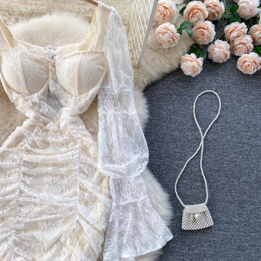 Square Neck Lace Waist Bag Hip Dress