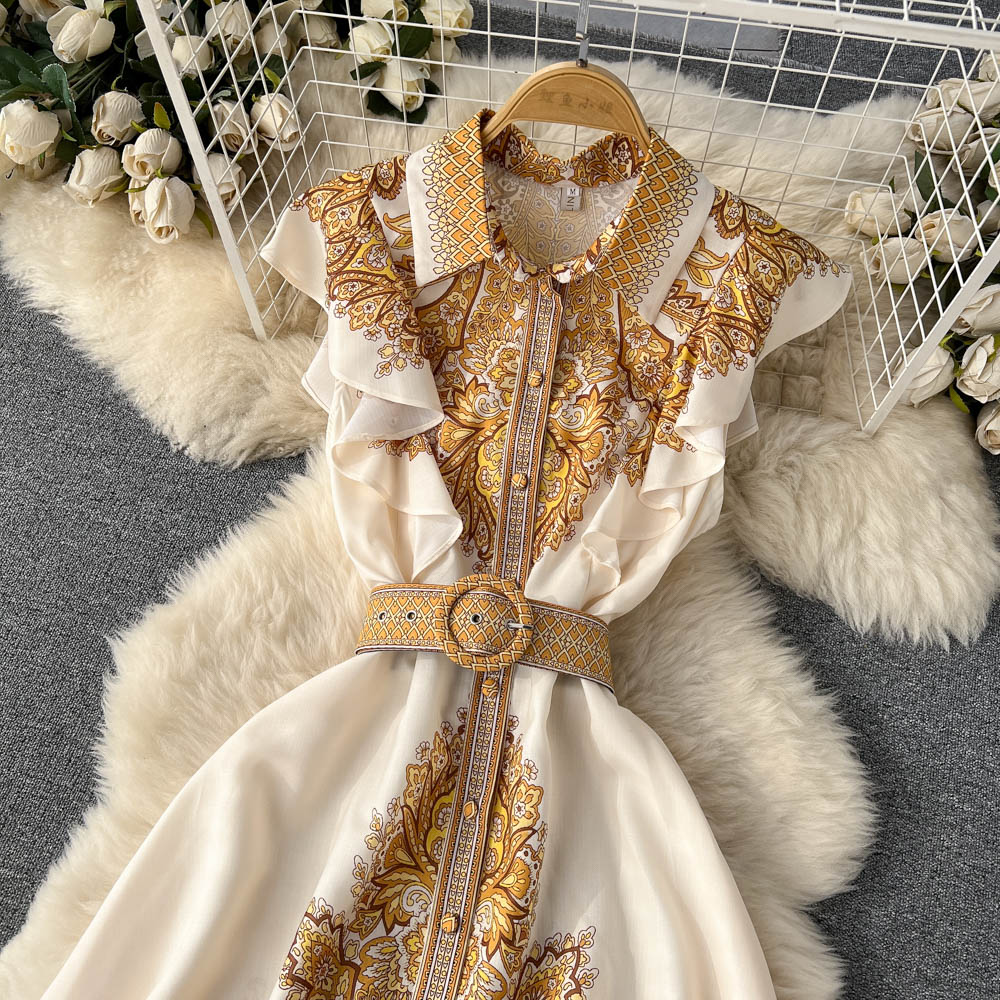 Vintage Ruffled Sleeveless Printed Dress
