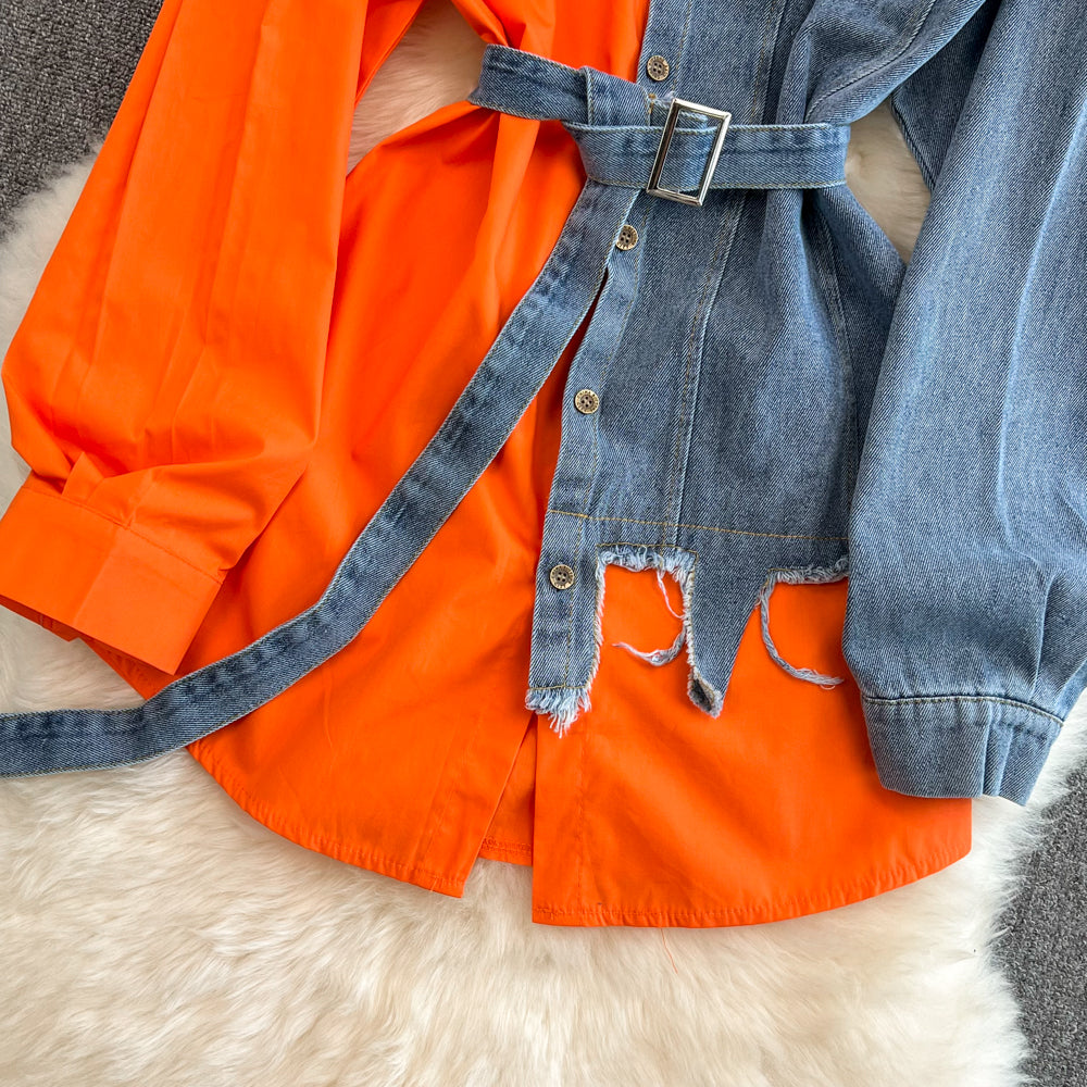 Vintage Assorted Color Denim Shirt with Waistband