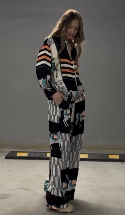 Horse Print Zip Up Long Sleeve Top & Wide Leg Pants Set Women Casual Loose Streetwear Two Piece Outfit