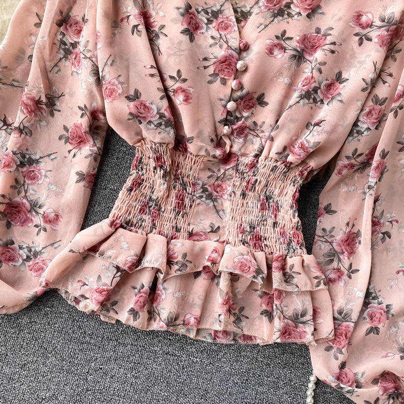 Chiffon Ruffle Trim V-neck Floral Top