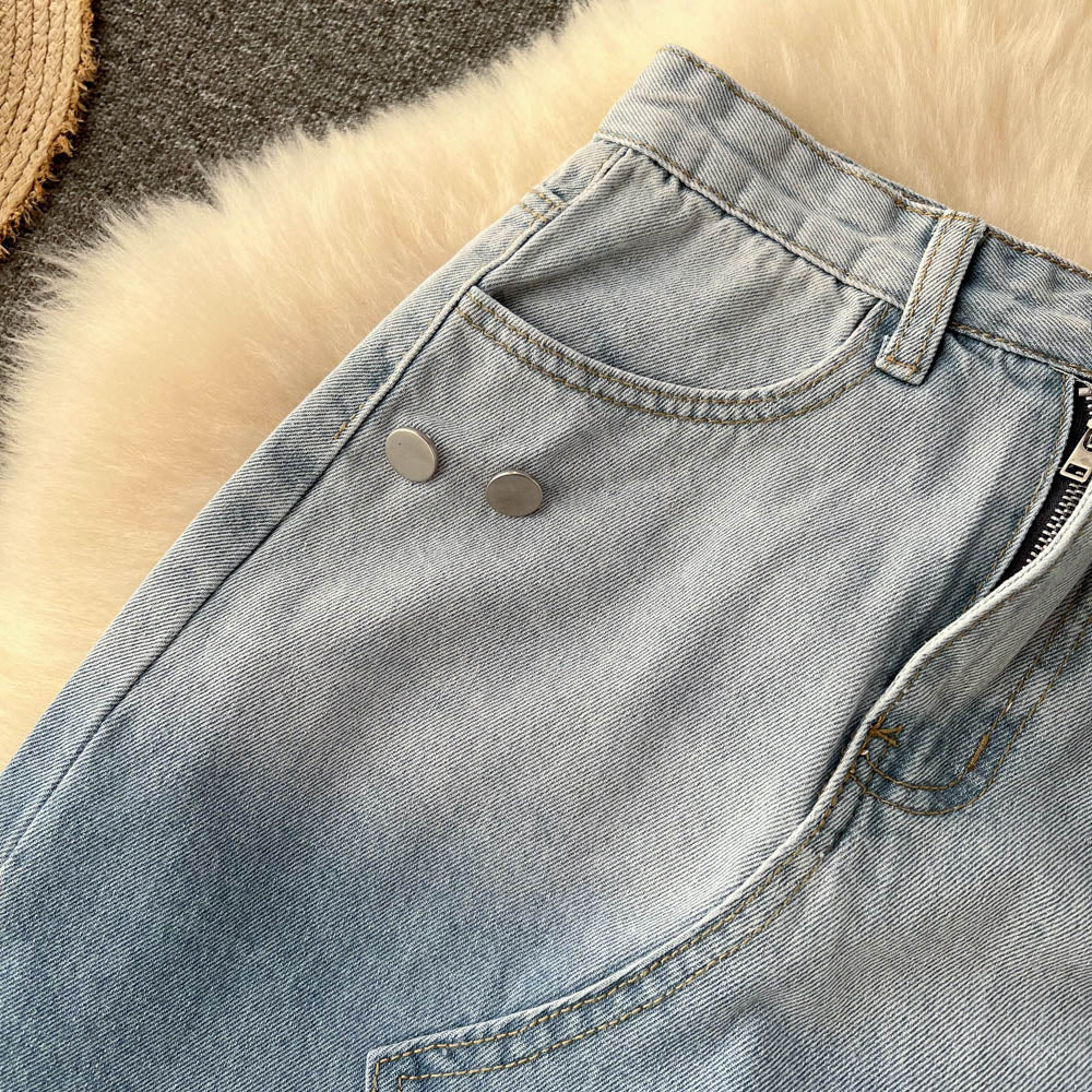 Vintage Irregular Design Fur-hem Denim Skirt