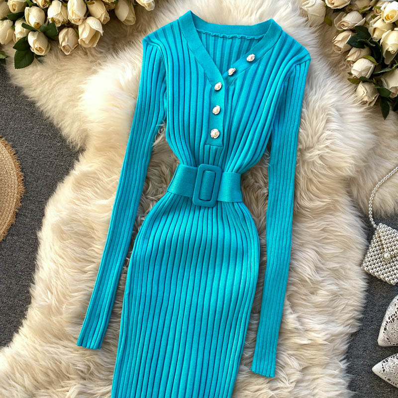 Belted Waist Long Sleeve Dress