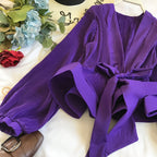 V-neck Pleated Tie Bow Ruffled Chiffon Shirt
