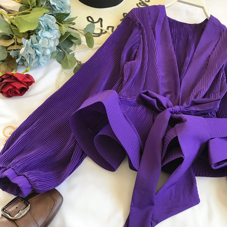 V-neck Pleated Tie Bow Ruffled Chiffon Shirt