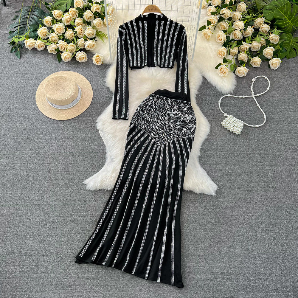 Top&Fishtail Skirt Rhinestone Studded 2Pcs