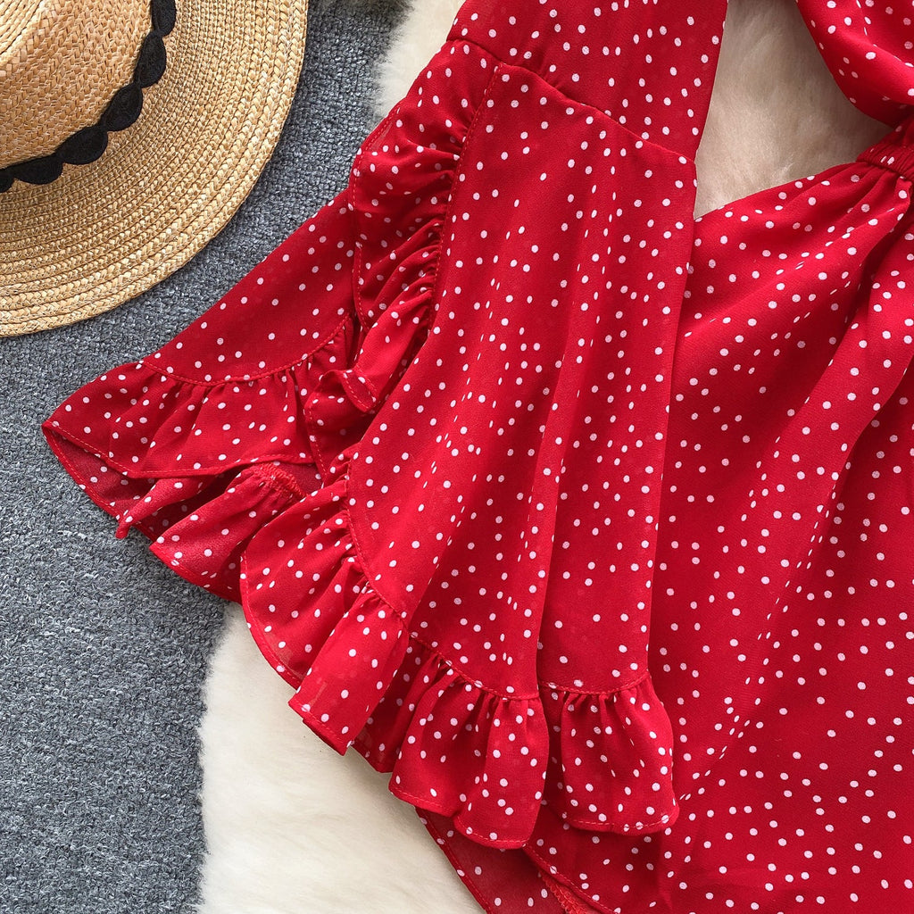 V-neck Lace-up Polka Dot Rompers
