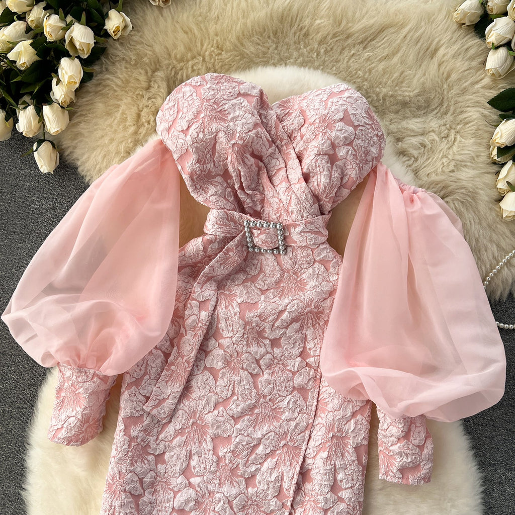 Off-shoulder Flared Sleeve Crochet Dress