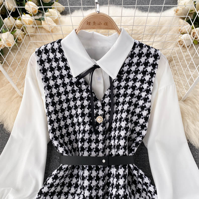 Two-piece Puff Sleeve Shirt Houndstooth Dress