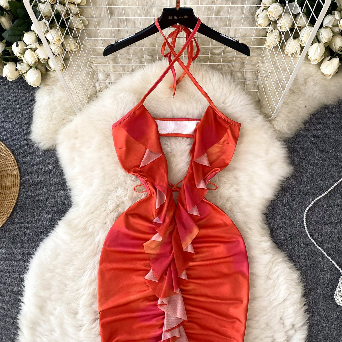 Hollowed Ruffle Backless Halter Dress