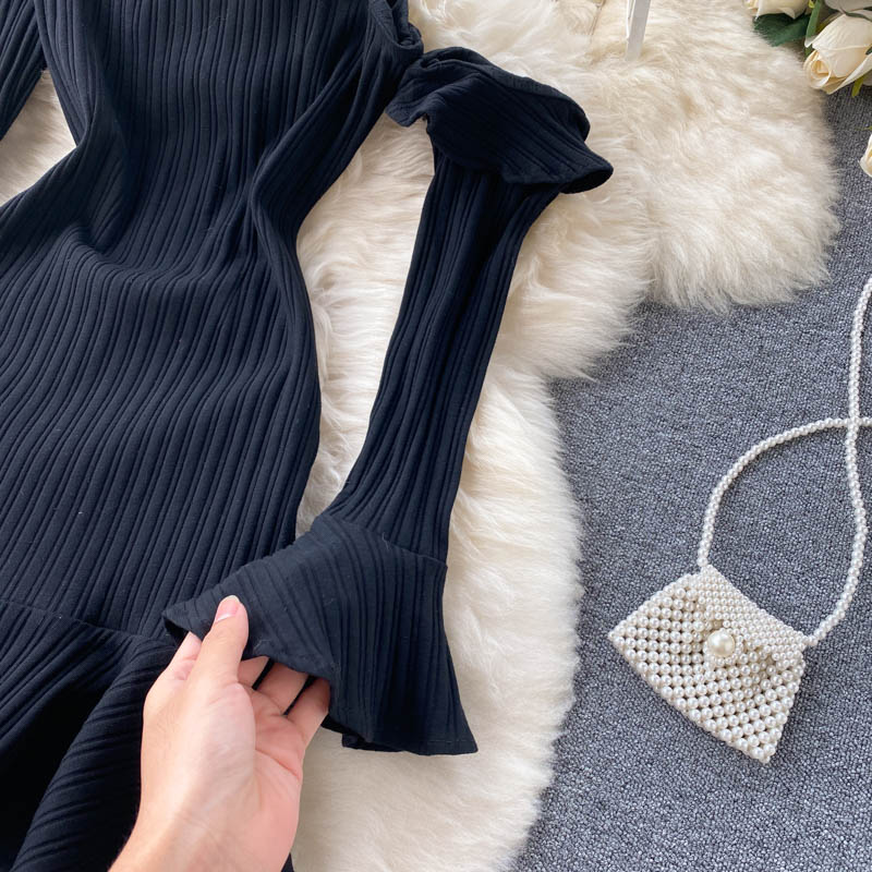 Slant Collar Off-shoulder Ruffled Flared Sleeve Dress