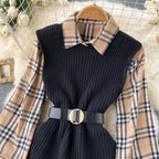 Two-piece Tartan Shirt Split Knit Vest