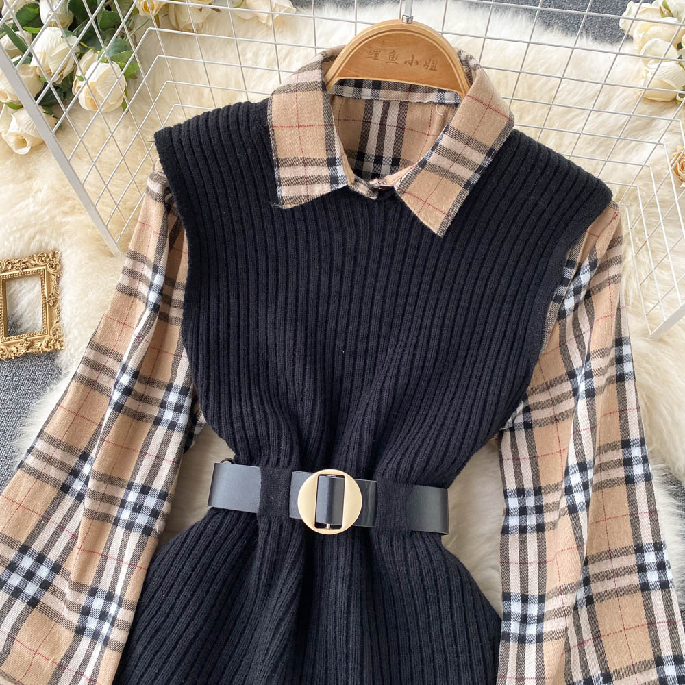 Two-piece Tartan Shirt Split Knit Vest