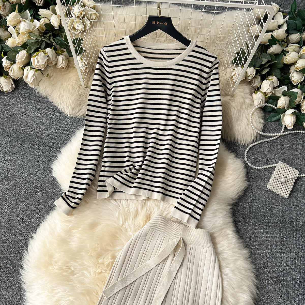 Striped Sweater&Draped Trousers Knitted 2Pcs