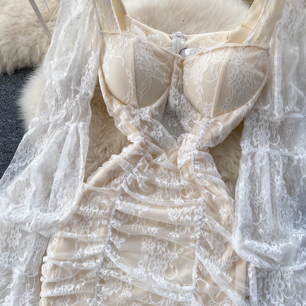 Square Neck Lace Waist Bag Hip Dress