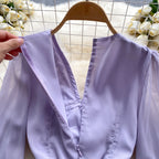 V-neck Beaded Ruffled Chiffon Dress