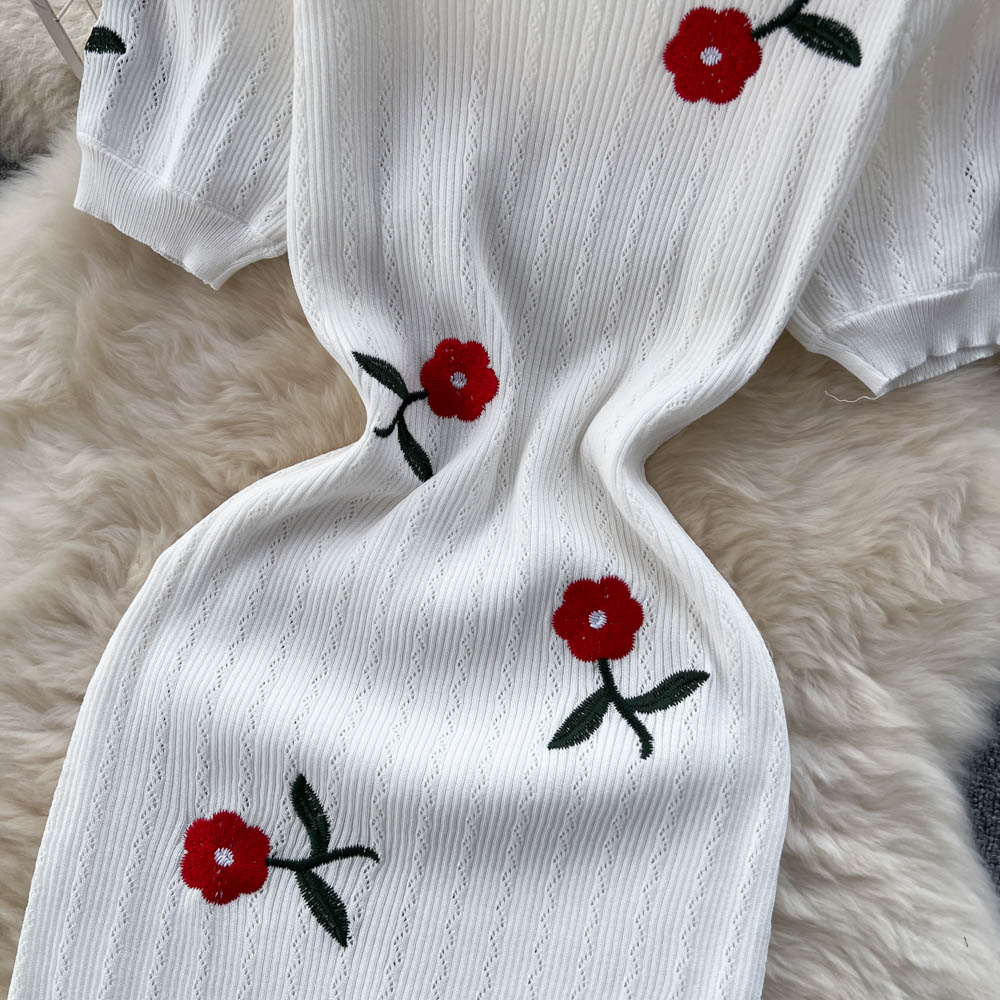 Elegant Rose Embroidered Knitted Dress
