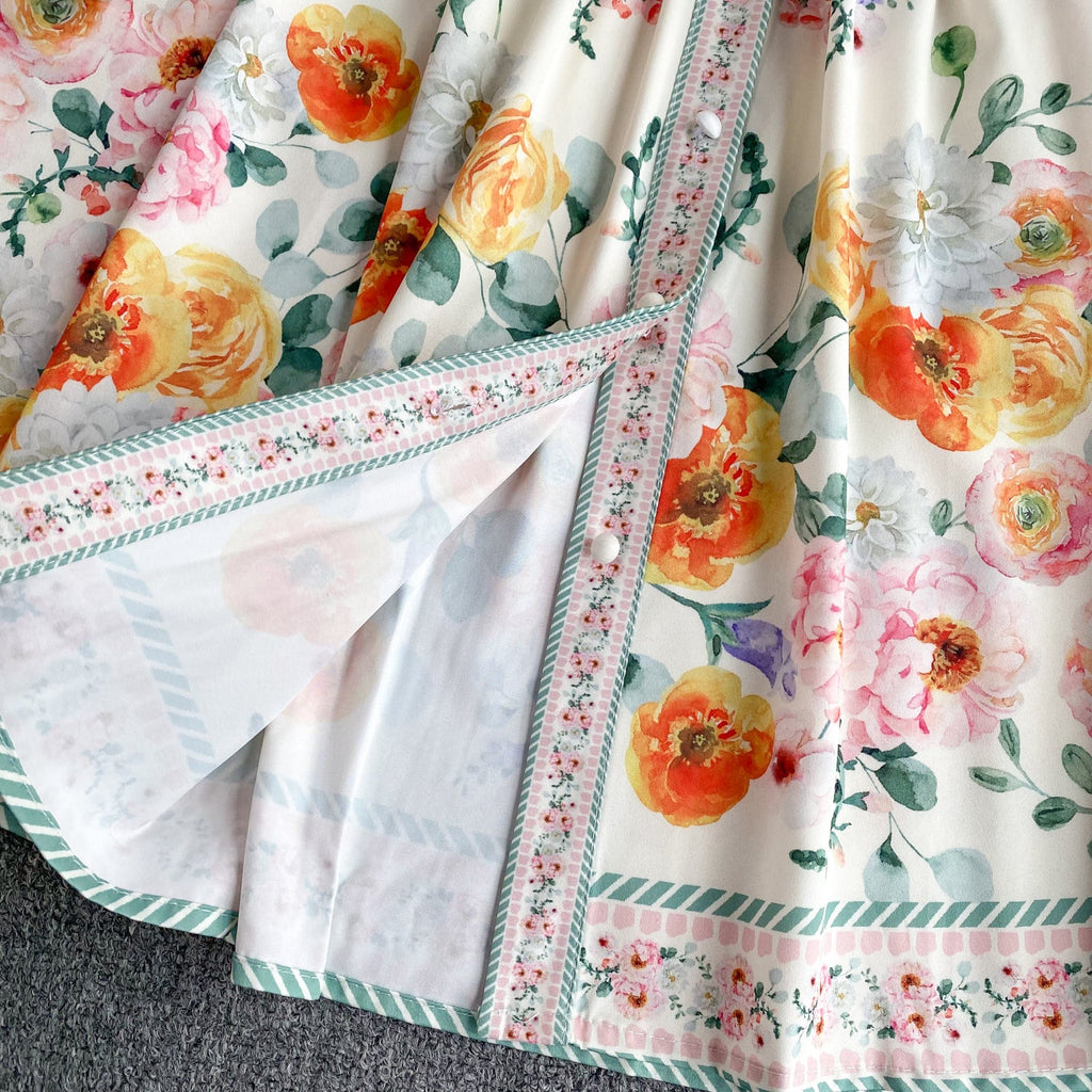 Courtly Floral Printed Ruffled Shirt Dress