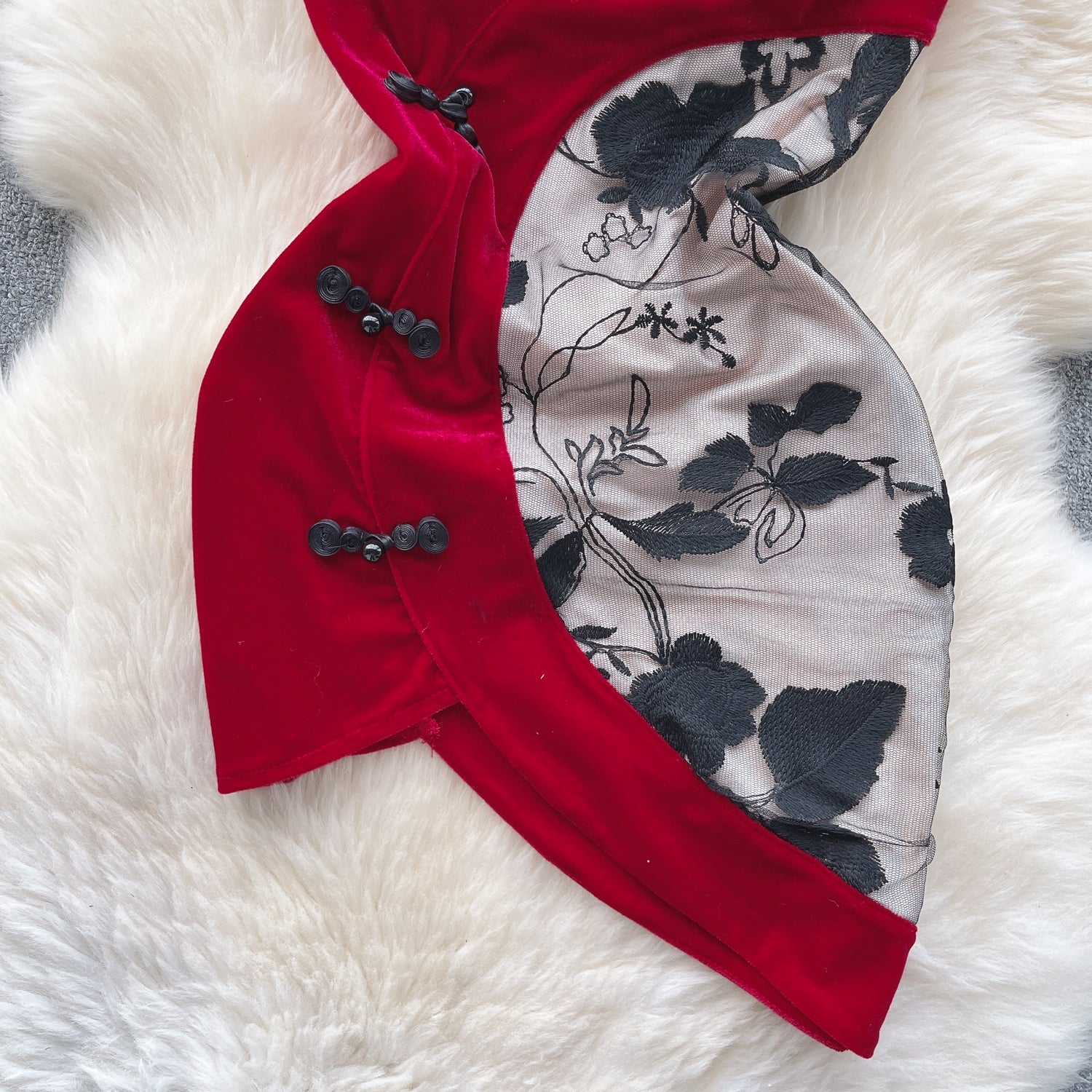 Floral Embroidery Mesh Cheongsam Dress