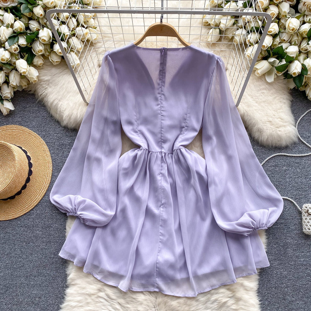 V-neck Beaded Ruffled Chiffon Dress