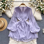 V-neck Beaded Ruffled Chiffon Dress