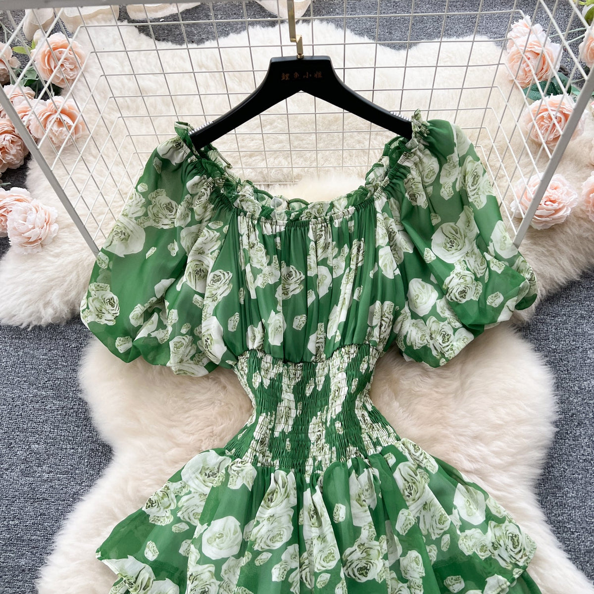 Vintage Puffy Sleeve Floral Cake Dress