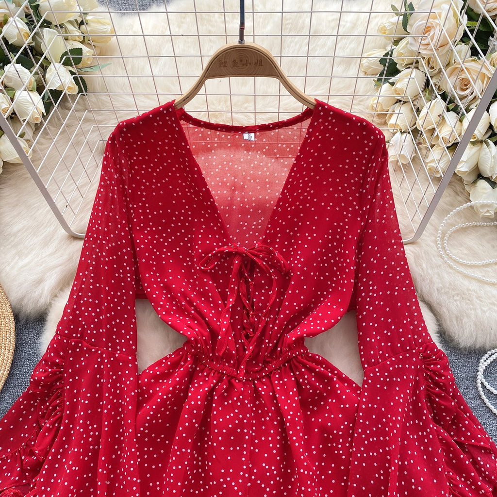 V-neck Lace-up Polka Dot Rompers