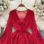 V-neck Lace-up Polka Dot Rompers
